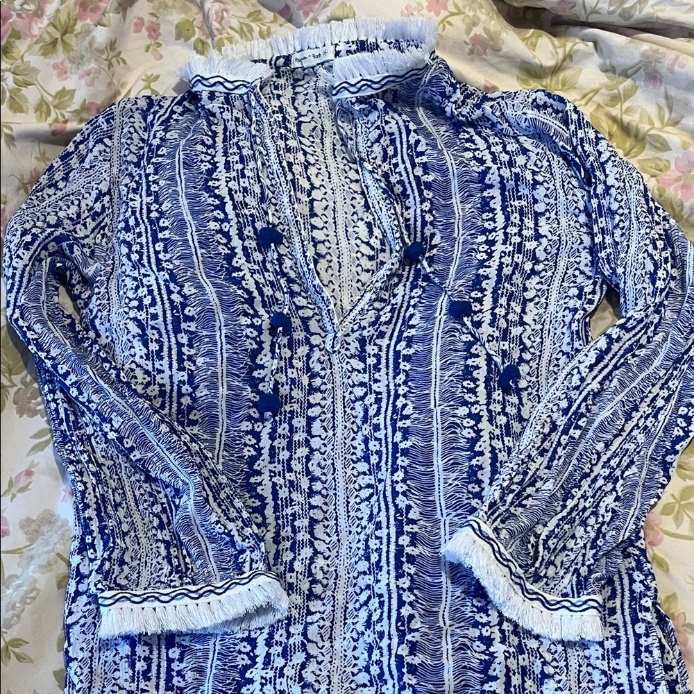 Poupette St. Barth Floral Blue and White Long Sleeve Dress - snap closure